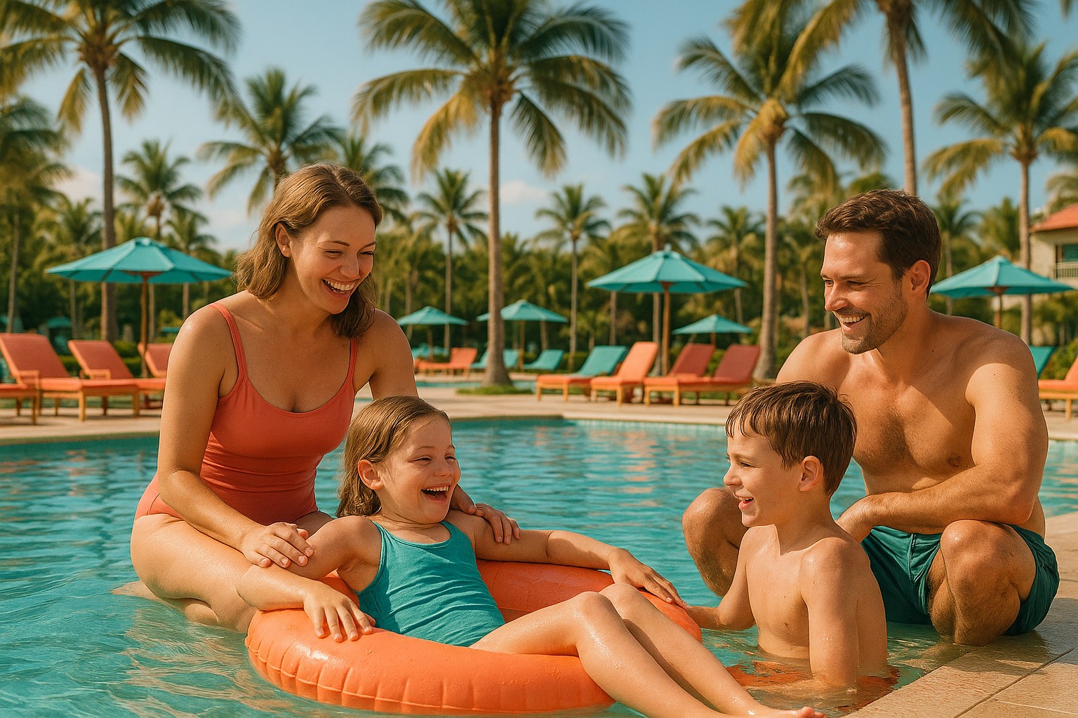 A family relaxing together at an outdoor resort pool